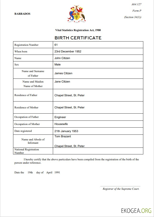 Modèle d'acte de naissance de la Barbade au format Word et PDF